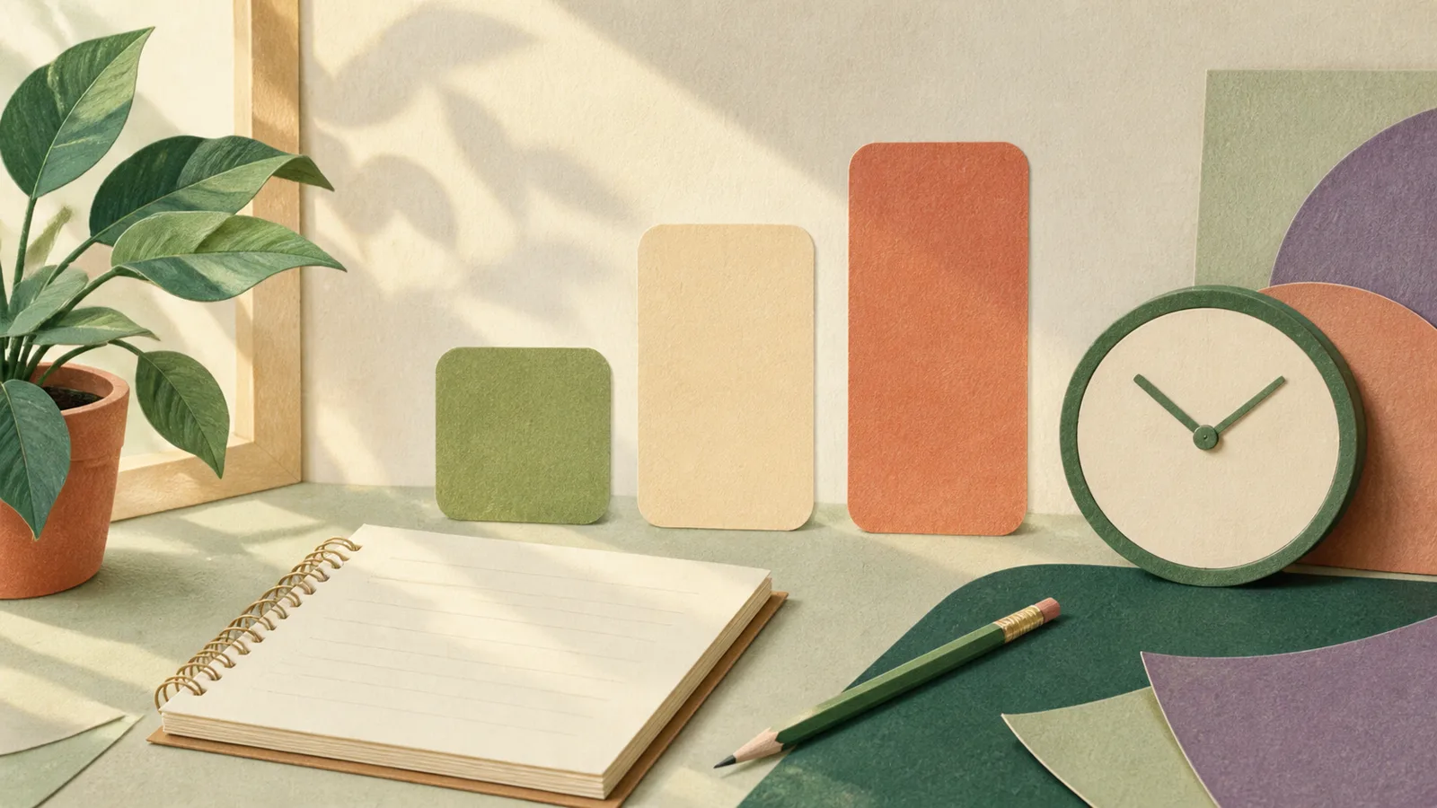 A calm study desk with a clock and several flexible focus blocks