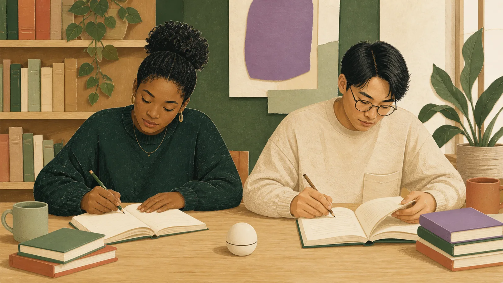 Two learners working quietly side by side at a shared table